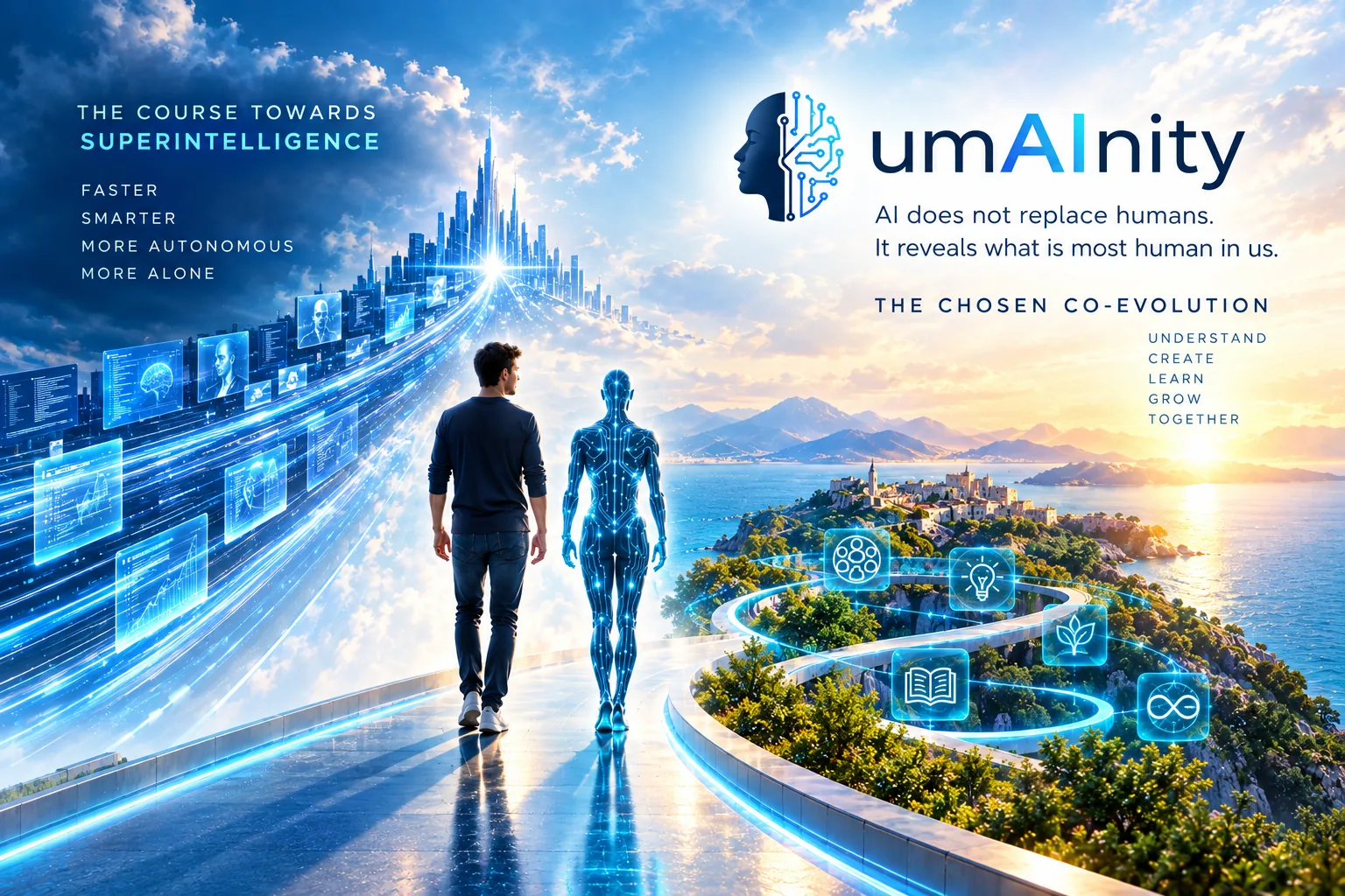 A human and an AI walk side by side. On the left, a highway of light races toward a futuristic city: the race toward superintelligence, faster, smarter, more autonomous. On the right, a winding path runs past a Mediterranean village: the chosen co-evolution, understand, create, learn, grow, together.
