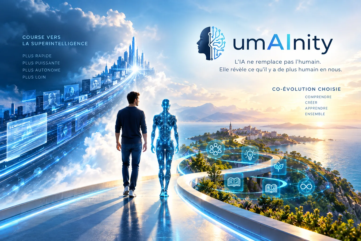 Un humain et une IA marchent côte à côte. À gauche, une autoroute de lumière file vers une ville futuriste : course vers la superintelligence, plus rapide, plus puissante, plus autonome. À droite, un chemin sinueux longe un village méditerranéen : co-évolution choisie, comprendre, créer, apprendre, ensemble.